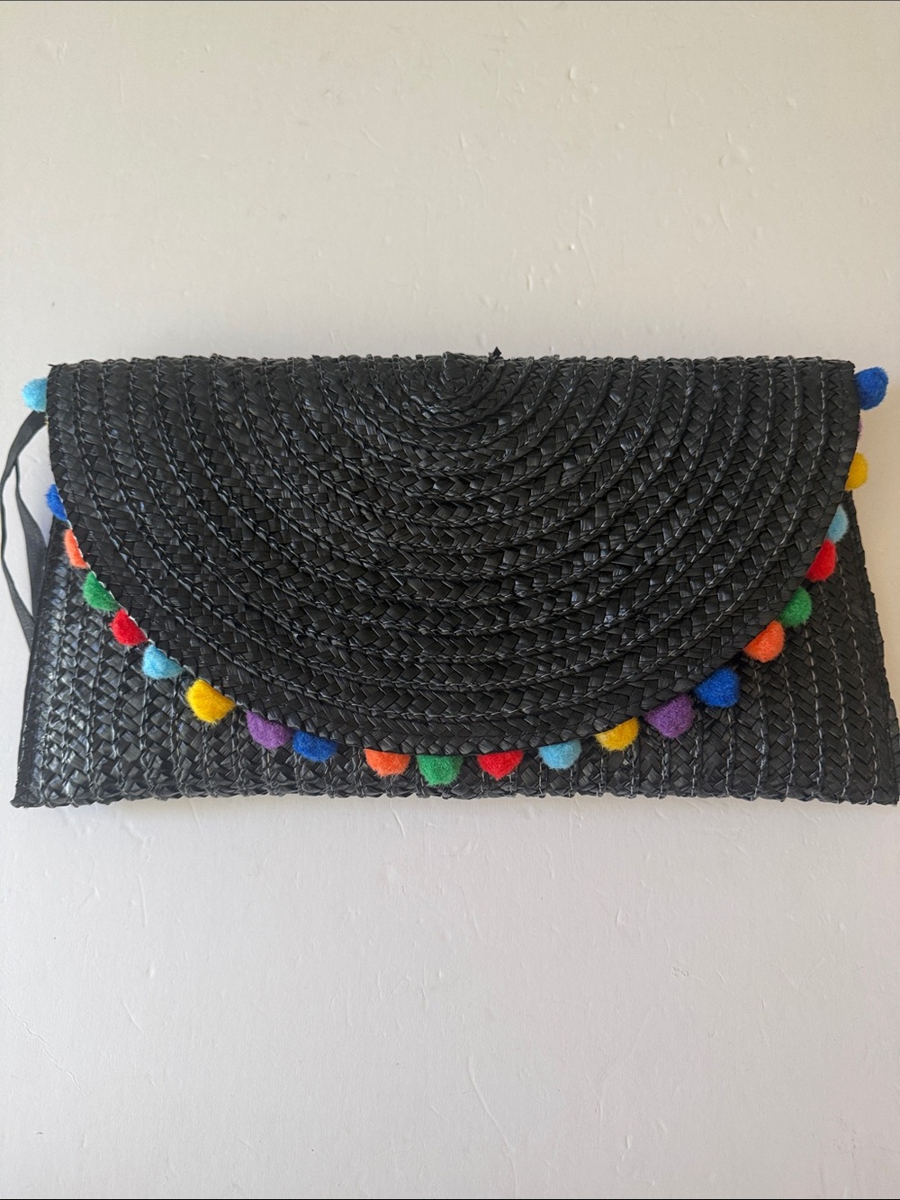 Black Basket Weave Multicolor Pom Pom Trim Clutch Bag